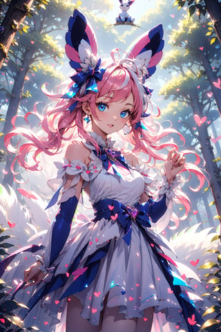 sylveon, human, pink hair, ribbons, fairy-like appearance, long pink hair, blue eyes, frilly outfit, hearts, white dress,coloured glaze,fairy, daytime, forest background, wide angle, sylveon on shoulder, long wavy hair