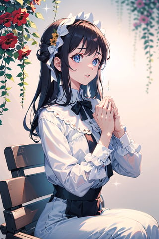masterpiece, best quality, 1 girl, flowers, floral background, nature, pose, perfect hands, modern outfit, detailed, sparkling, sitting, lace detail, long hair, ultra detailed, ultra detailed face, clear eyes, good lighting,, perfect anatomy, stylish white outfit, different hairstyles, hair ribbons, front view, (perfect hands) praying hands