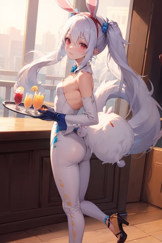 1 girl, solo, long hair, detailed eyes, bar background, blushing, soft expression, standing, blushing, clear eyes, bright eyes, detailed eyes, High detailed ,perfect light,hime style, bunny suit,aalaffey, high heels, disco flooring, spoltlight,animal ears, bunny outfit,Playboy bunnysuit, blue bunnysuit, pig tails, small breasts, perfect anatomy, holding tray of drinks, bar, wavy pigtails, sfw, front view, correct anatomy