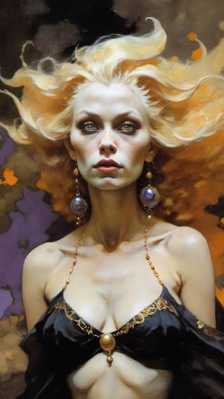 detailed painting, detailed fantasy illustration, a stunning masterpiece, hi res, 8 k, closeup portrait of a female fantasy character, blond mythological witch, smoky medieval background, art by Frazetta, art by Klimt