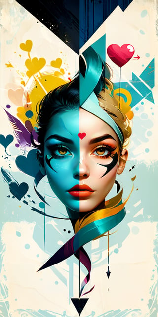 (An amazing and captivating abstract illustration:1.4), (captivating female face:1.3), face focus, beautiful features, (thick eyebrows:1.3), face shot, (grunge style:1.2), (frutiger style:1.4), (colorful and minimalistic:1.3), (2004 aesthetics:1.2),(beautiful vector shapes:1.3), with (the text "20K!":1.3), text block. BREAK swirls, x \(symbol\), arrow \(symbol\), heart \(symbol\), gradient background, sharp details, muted colors. BREAK highest quality, detailed and intricate, original artwork, trendy, mixed media, vector art, vintage, award-winning, artint, SFW,Text