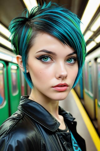 portrait+ style photograph of a goth girl, 26 years old, full natural lips, freckles, pixie haircut with long bangs, blue highlights and shaved sides, green eyes, high cheekbones, (pixie nose:1.4), (nose turned upward:1.4), muted colours, vaporwave aesthetics, (photorealistic:1.3),  highest quality,  detailed and intricate, crowded subway background, original shot, art_booster,masterpiece, pinup style