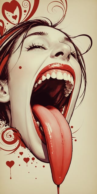 (An amazing and captivating abstract illustration:1.4), 1girl, female focus,  (Super Long Tongue out:1.2),mouth wide open,yoga suit, (grunge style:1.2), (frutiger style:1.4), (colorful and minimalistic:1.3), (2004 aesthetics:1.2),(beautiful vector shapes:1.3), with (the text "YO!":1.1), text block. BREAK swirls, x \(symbol\), heart \(symbol\), gradient background, sharp details, oversaturated. BREAK highest quality, detailed and intricate, original artwork, trendy, mixed media, vector art, vintage, award-winning, artint, SFW,DonMD4rkT00nXL,super long Tongue out,(Sideview:1.2), Mouth wide open