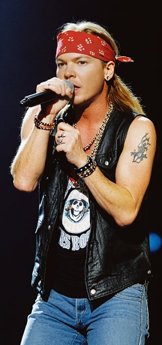 (Axl Rose from Guns N' Roses in the 80s:1.4), wearing a bandanna, Appetite For Destruction Tour, singing on stage,(perfect resemblance:1.3)