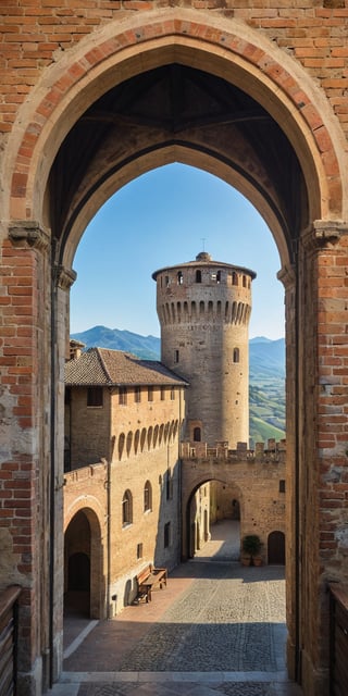 (Documentary photograph:1.3) of a wonderful (medieval castle in Italy:1.4), 14th century, (golden ratio:1.3), (medieval architecture:1.3),(mullioned windows:1.3),(brick wall:1.1), (cylindrical tower:1.2), overlooking the valley, golden hour, BREAK shot on Canon EOS 5D, (from below:1.3), Fujicolor Pro film, vignette, highest quality, original shot. BREAK Front view, well-lit, (perfect focus:1.2), award winning, detailed and intricate, masterpiece, itacstl,real_booster,,Architectural100,amazing shot