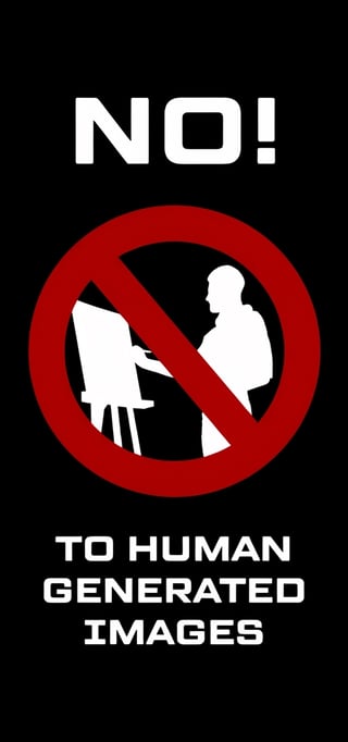 A red ban sign on a black background, with a white painter's silhouette inside, and the text "NO! TO HUMAN GENERATED ART. BREAK (photorealistic:1.3), vignette, highest quality, detailed and intricate, original shot, no humans,masterpiece,sharp focus, trending on Arstation