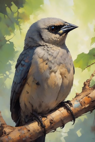 Highly detailed and hyper-realistic painting portrait of (a Grayish Baywing:1.4). BREAK It's a cute bird about 7 inches long,  with (brownish-gray plumage:1.3),  (the wings feathers have a reddish-brown tone:1.4). The region between the eyes and nostrils is black,  it has black eyes,  black legs,  (short and stubby black beak:1.4). BREAK (full body shot:1.2),  perched on a tree branch,  under direct sunlight,  creative shadow play, eye level,  bokeh,  BREAK vaporwave aesthetics,  neon punk blue visual tone,  (dark atmosphere and dull colors:1.2),  eye level,  BREAK muted colours,  (extremely realistic and accurate:1.4),  league of legends,  BREAK octane render,  intricate,  ultra-realistic,  elegant,  highly detailed,  digital painting,  artstation,  concept art,  smooth,  sharp focus,  illustration,  by ilya kuvshinov and krenz cushart,  three-quarters view,  sharp hard lines,  brush strokes,  watercolor,  oil painting,  ink panting,  style by Agnes Cecile,  Alberto Seveso,  Anna Bocek,  Carne Griffiths,  Charlie Bowater,  ink,  Comic Book-Style 2d,  detailmaster2,  street art,  graffiti, gbaywing,Comic Book-Style 2d,2d