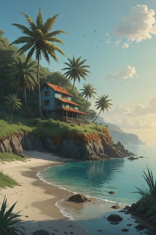 (Comic/Vector Style:1.6),  BREAK (A color poster of a lush deserted beach with white sand,  tall palm trees with green leafs and wonderful blue sea with fluffy clouds in the sky:1.4),  BREAK (muted colours:1.3),  intricate,  detailed,  by Ismail inceoglu dragan bibin hans thoma greg rutkowski Alexandros Pyromallis,  (TYCHO:1.5),  ISO50,  BREAK digital drawing,  perfect geometry,  fine details,  realistic shaded,  retro colour palette,  CG Society,  octane render, detailmaster2, island