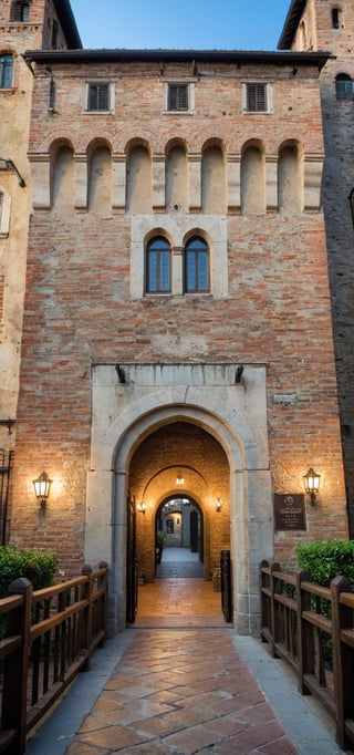 (Documentary photograph:1.3) of a wonderful (medieval castle in Italy:1.4), 14th century, (golden ratio:1.3), (medieval architecture:1.3),(mullioned windows:1.3),(brick wall:1.1), overlooking the town, blue hour, BREAK shot on Canon EOS 5D, (main entrance closeup:1.3), Fujicolor Pro film, vignette, highest quality, original shot. BREAK Front view, well-lit, (perfect focus:1.2), award winning, detailed and intricate, masterpiece, itacstl,real_booster,Architectural100