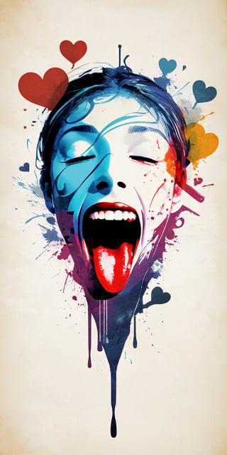 (An amazing and captivating abstract illustration:1.4), 1girl, female focus,  (Super Long Tongue out:1.2),mouth wide open,yoga suit, (grunge style:1.2), (frutiger style:1.4), (colorful and minimalistic:1.3), (2004 aesthetics:1.2),(beautiful vector shapes:1.3), with (the text "YO!":1.1), text block. BREAK swirls, x \(symbol\), heart \(symbol\), gradient background, sharp details, oversaturated. BREAK highest quality, detailed and intricate, original artwork, trendy, mixed media, vector art, vintage, award-winning, artint, SFW,DonMD4rkT00nXL,super long Tongue out,(Sideview:1.2), Mouth wide open