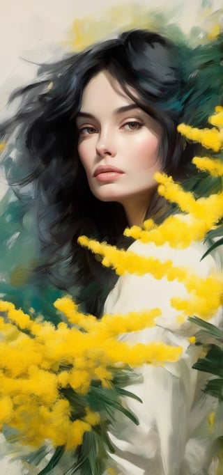 (Fine Art, abstract painting of a woman entirely made of rough paint strokes:1.5), (holding a bouquet of mimosa:1.4), masterpiece, digital art, beautiful art, (simple background:1.3) eclectic and exquisite painting of a gorgeous woman, acrylic paint, ultra detailed, pastel colors, half-body shot, pure form, minalmilistic, concept art, painting hyper-realistic, intricate detail, by Giorgio Griffa, Joan Mitchell, James Nares, Qin Feng, original idea,,PoP art,bl4ckl1ghtxl,pencil sketch,Pencil Draw,vintage_p_style