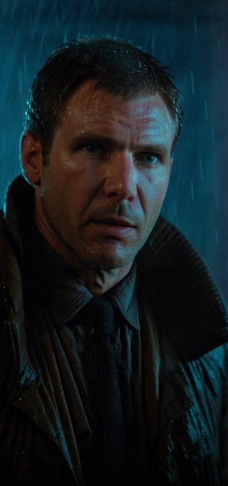 (Hyper-realistic photograph:1.4), Captivating scene under the rain at night on a rooftop, Featuring (Rick Deckard from Blade Runner:1.4), (Young Harrison Ford:1.5), with short brown hair, three-quarters view, looking at the viewer, with a dark rainy city landscape in background, blue eyes, photography style, (half-body shot:1.3), (contemplative expression:1.2),(well-lit:1.2) Extremely Realistic, serendipity art, (sharp focus:1.3), intricate details, highly detailed, by God himself, original shot, masterpiece, detailed and intricate,Movie Still,guttojugg1