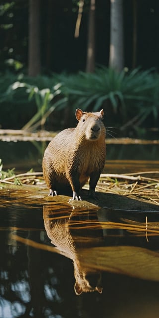 (Documentary photograph:1.3) of a capibara, standing in the shallow waters of a swamp, outdoors, ultra realistic, games of shadows, vintage aesthetics, (photorealistic:1.3), front view, well-lit, (shot on Hasselblad 500CM:1.4), (closeup shot1.3), Fujicolor Pro film, in the style of Helmut Newton, (photorealistic:1.3), highest quality, detailed and intricate, original shot,