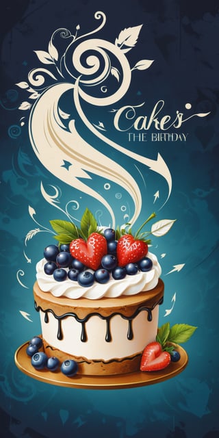 (An amazing and captivating abstract illustration:1.4), (birthday cake:1.3), cake focus, tempting appearance, (top with berries, decorated with whipped cream:1.3), food photo, (grunge style:1.2), (frutiger style:1.4), (colorful and minimalistic:1.3), (2004 aesthetics:1.2),(beautiful vector shapes:1.3), with (the text "THE CAKE IS A LIE!":1.3), text block. BREAK swirls, x \(symbol\), arrow \(symbol\), heart \(symbol\), gradient background, sharp details, muted colors. BREAK highest quality, detailed and intricate, original artwork, trendy, mixed media, vector art, vintage, award-winning, artint, SFW,Text,ink ,food 