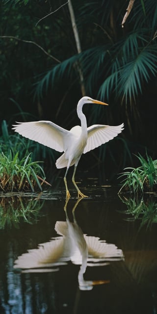 (Documentary photograph:1.3) of a white heron, standing in the shallow waters of a swamp, as he takes flight, outdoors, ultra realistic, games of shadows, vintage aesthetics, (photorealistic:1.3), front view, well-lit, (shot on Hasselblad 500CM:1.4), (wide shot1.3), Fujicolor Pro film, in the style of Helmut Newton, (photorealistic:1.3), highest quality, detailed and intricate, original shot,