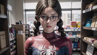 (masterpiece), best quality, high resolution, highly detailed, detailed background, perfect lighting, The student council girl with twin braids and glasses scared, photo of perfect eyes, looking_at_viewer, spider-man costume, in a store