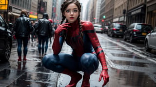 The student council girl with twin braids and glasses, light blue eyes, medium breasts, {{{light blue eyes}}}, {{{big eyes}}}, {{{, spider-man_(cosplay)} } }, {{{very high leg leotard}}}, action pose, squatting, standing in calm in crowded street in new york, rainy cinematic drone shot from long distance above, dramatic dark colors, photorealism, (((eyes details))),wearing spiderwoman_cosplay_outfit,black and white outfit,spider-man costume