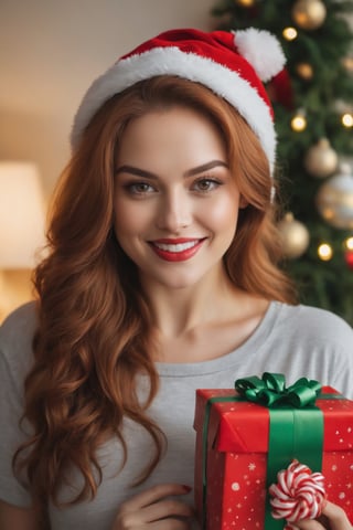 raw realisti half body potarait of beautiful, beautiful young women, long red wavy hair, curvy body, wide hips, wearing black t-shirt, hazel brown eyes, grinning holding her gift wearing Christmas hat ,wearing Red lipstick, surprised face, looking at her gift, surprised seductive,beautiful detailed face,,in her room , Christmas decorations in her room 
beautiful detailed face, perfect anatomy grainy cinematic, godlyphoto r3al, detailmaster2, aesthetic portrait, cinematic colors, earthy, moody