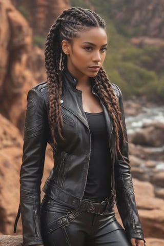 oil painting of a woman with long hair wearing black rider leather jacket,her hair's in Brazilian braids locs (((brown skin))) still from the avengers, slight color bleed, google design, 834779519, characters merged, (((((long black thin ,braids))))photo of young woman in black leather clothes, outdoor rocky background , brown skin 