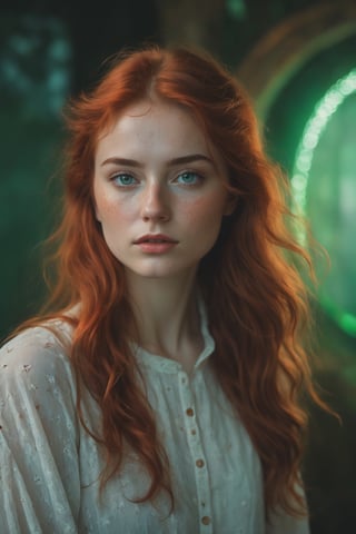 raw realistic potarait of beautiful girl long Hair so red and wavy falling just surrounding a circular face with softness, light freckles on her nose, naturally arched red eyebrows over bright green eyes that looked almost blue in some lights., indoor background 
grainy cinematic,  godlyphoto r3al,detailmaster2,aesthetic portrait, cinematic colors, earthy , moody,  look , grainy cinematic, fantasy vibes  godlyphoto r3al,detailmaster2,aesthetic portrait, cinematic colors, earthy , moody,  