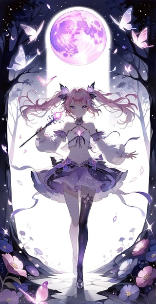 masterpiece, best, aesthetic, glowing wand, 1girl, solo, seve, wand holding, purple glowing wand, tarot cards, dark magical girl, 20 something woman, standing, pink hair, twintail hair, purple &amp; White clothes, exposed navel, purple skirt, magical girl, purple eyes, night, blue moon, glowing forest, purple flowers, purple magic butterfly, beauty, watercolor \(center\), very detailed,glitter,shiny