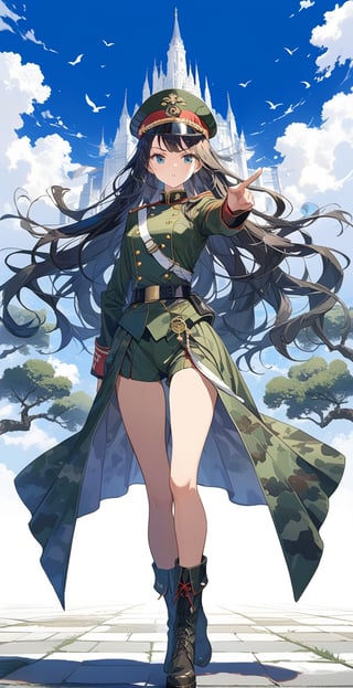 , masterpiece, boutique, aesthetic, 1girl, solo, serious expression, camouflage green military uniform, military uniform, 20-year-old woman, standing, pointing forward, black hair, military cap, long hair flying, hourglass figure, thin waist, (model picture) , (full body), perfect legs, perfect hands, military boots, blue eyes, blue sky, tank, huge plum blossom background pattern, beautiful, (center\), very detailed,