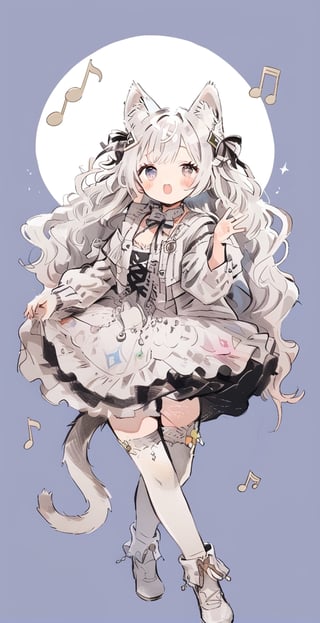 Cute, 1girl, dancer, animal ears, tail, holding, dancing, solo, dancer decoration, blush stickers, hair bow, animal ear fluff, cat tail, sexy, cat ears, white hair, whole body, eyes sparkling, Open mouth, sparkling, long hair, sexy clothes, musical notes, musical symbols, simple background, masterpiece, best quality, aesthetic