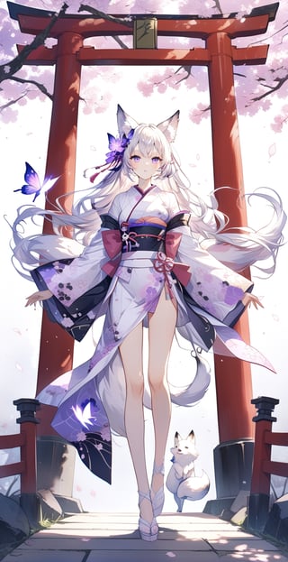 Black and white line drawing, 8k high resolution, ultra high resolution picture quality, masterpiece, boutique, aesthetic, 1girl, demon fox, fox ears, fox fairy, butterfly hair accessory, huge plush fox tail, white hair translucent, light pink kimono , kimono blooming sakura flower pattern, standing on tiptoes, purple eyes, sakura, glowing light spots, huge torii shrine, simple watercolor background, very detailed,black and white