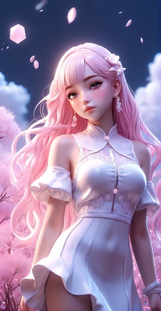 masterpiece, best quality, 1girl, (colorful),(finely detailed beautiful eyes and detailed face) light pink hair,plaits hairstyle, White lace dress, brown eyes,plaits hairstyle,cinematic lighting,bust shot,extremely detailed CG unity 8k wallpaper,white hair,solo,smile,intricate skirt,((flying petal)),(Flowery meadow) sky, cloudy_sky, building, moonlight, moon, night, (dark theme:1.3), light, fantasy,jisoo,1 girl,Asia,Woman ,z1l4,Sugar babe ,lisa, TURN LEFT