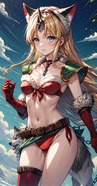 riesz, fenrir knight, blonde hair, blue eyes, very long hair, low-tied long hair, eyebrows visible through hair, parted bangs, sidelocks, hair bow, green bow, fur trim, single horn, wolf ears, hairband, chain, wolf, wolf pelt, red bikini, red gloves, side-tie bikini, elbow gloves, single thighhigh, belt, red legwear, thigh boots