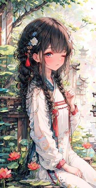 Dusk, sunset, sparkling, black hair, long flowing hair, short side braid, eyes closed, 1girl, medium chest, traditional Chinese costume, lowered in thought, sitting cross-legged, meditating, on the grass, lotus blooms, petals flying, pumping Like background, 8k, ultra high quality, high definition painting, masterpiece, careful composition, GBH,hanfu,yatsen
