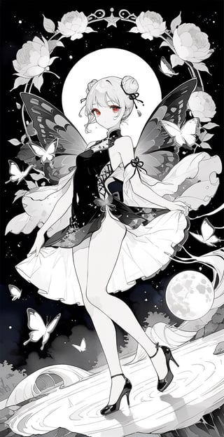 Black and white line drawing, only the eyes have color, masterpiece, top quality, aesthetic, 1girl, solo, tarot cards, sexy cheongsam, 20-year-old woman, standing, white hair, double bun, ball head, exposed navel, high heels, red eyes, night , moon, river stream, flowers, magic butterfly, beauty, simple watercolor background \(center\), very detailed, black and white