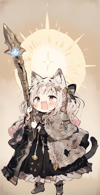 cute, 1girl, staff, sword, animal ears, tail, holding, waving forward, solo, holding magic wand, fur decoration, blush sticker, hair bow, animal ear fluff, cat tail, standing, cat ears , white hair, whole body, eyes sparkling, mouth open, sparkling, golden cloak, long hair, magic robe, dress, black bow, background of simple magic circle, masterpiece, best quality, aesthetic