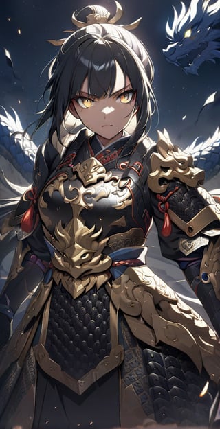 Ultra high resolution, 8K, masterpiece, detailed light and shadow, glowing night sky stars, night, 1 girl, solo, staring at viewer, high detail face, silver high detail shiny eyes, black shiny detailed hair , fair skin, fierce eyes, serious expression, armor, armor full of scars, Chinese armor, exquisite facial features, a bit dirty face, light lipstick, medium chest, perfect body, general, general, machete, holding dragon pattern Gold-inlaid sword, drawn sword, chilling aura, battlefield,Chinese_armor,ichijou ayaka,brave perspective