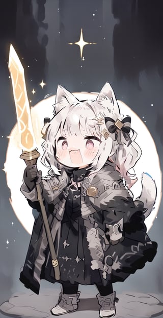 cute, 1girl, staff, sword, animal ears, tail, holding, waving forward, solo, holding magic wand, fur decoration, blush sticker, hair bow, animal ear fluff, cat tail, standing, cat ears , white hair, whole body, eyes sparkling, mouth open, sparkling, golden cloak, long hair, magic robe, dress, black bow, background of simple magic circle, masterpiece, best quality, aesthetic