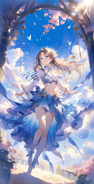 , masterpiece, boutique, aesthetic, 1girl, solo, cultivation, martial arts, fairy spirit, sexy, 20-year-old woman, floating in the air, standing on tiptoes, flying, in the air, brown hair, flying long hair, exposed navel, short skirt, Blue eyes, clear sky, light shining on the earth, petals, falling petals, leaves, blue sky and white clouds background, flower hair accessories, beauty, watercolor background\(center\), very detailed