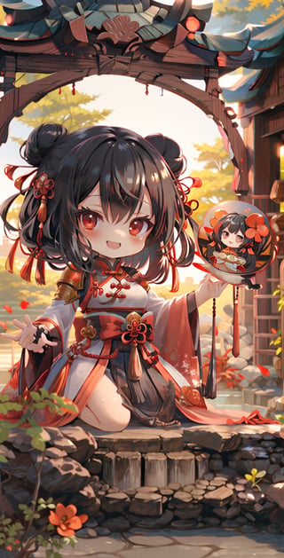 Girl, medium hair, half body shot, light black hair, double bun, determined face, smile, erotic expression, medium breasts, red armor, Chinese armor, stretched, straight body, in sandy wilderness, sunshine, masterpiece, best quality, 8k,Rebellious girl,delicate\(armor\),masterpiece,sanguozhi,chibi