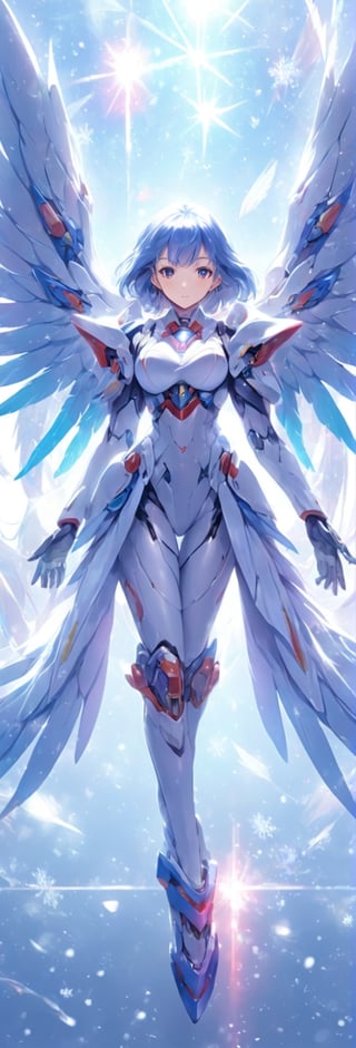 Girl with mechanical huge wings, mechanical wings, tight suit, angel feathers, snowflakes, snow white, and from the 1980s anime series G Force, surreal sweet girl with huge mechanical gems, holographic, hologram texture, wlop style , space, angel gundam, hdsrmr, fire element,more detail XL
