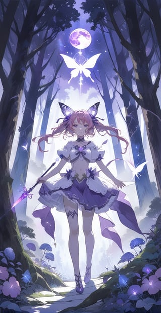 masterpiece, best, aesthetic, glowing wand, 1girl, solo, seve, wand holding, purple glowing wand, tarot cards, dark magical girl, 20 something woman, standing, pink hair, twintail hair, purple &amp; White clothes, exposed navel, purple skirt, magical girl, purple eyes, night, blue moon, glowing forest, purple flowers, purple magic butterfly, beauty, watercolor \(center\), very detailed,glitter,shiny,black and white,scenery