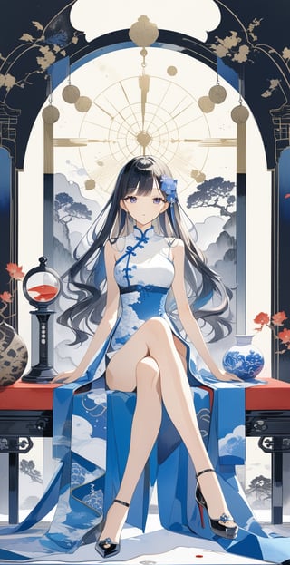 Masterpiece, boutique, beautiful, 1girl, tarot card pattern, beautiful white cheongsam, sitting with hunched feet, side eyes, black hair, long hair, hourglass figure, thin waist, (model figure), (full body), perfect Legs, perfect hands, high heels, blue eyes, beautiful woman, simple watercolor background \(center\), very detailed, black and white