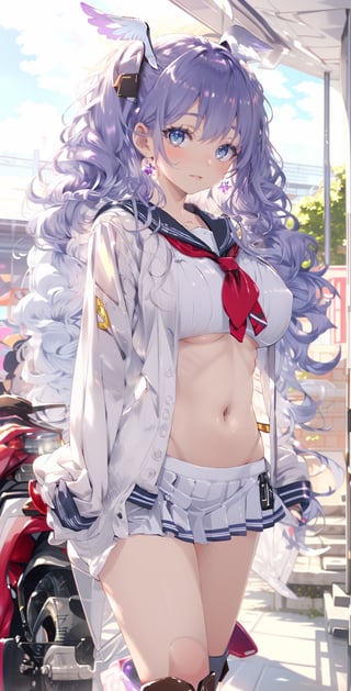 Real strong light and shadow, 8k, high resolution, high-definition picture quality, comic master, complex and smooth design, {{white-skinned girl}}, sailor suit, exquisite details, sexy student uniform, exposed navel, miniskirt, bright purple pattern, Charming lustful eyes, bright purple shiny hair, twin ponytails, smile, posing, big breasts, blue-purple eyes, leather boots, feather wings, feather earring set, many flying feathers, masterpiece, HD, 8k,serafuku