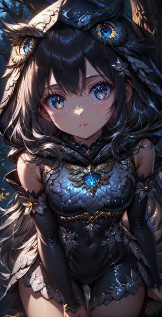 Ultra high resolution, 4K, masterpiece, soft light and shadow, night sky, night, looking into the distance, 1 girl, solo, high detail face, silver high detail shining eyes, black shiny fine fine hair, fair skin , sexy and delicate adventurer costume, detailed owl hood, exquisite maple leaf hair accessories, colorful long hair, charming eyes, exquisite facial features, beautiful appearance, medium chest, perfect slim figure, standing on Hands holding hands on big tree trunk, forest background, depth of field,