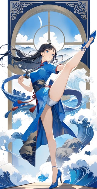 masterpiece, boutique, beautiful, 1girl, tarot card pattern, beautiful white cheongsam, martial arts action, Chinese kung fu, fighting pose, side eye, black hair, long hair, hourglass figure, slim waist, (model figure), (full body) , perfect legs, perfect hands, high heels, blue eyes, beautiful woman, distant mountains and flowing water watercolor background \(center\), very detailed, black and white