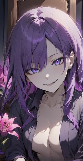 looking at the audience, masterpiece, soft lighting, long purple hair, open shirt, 1girl, dark blue eyes, light gauze, evil smile, showing small canine teeth, upper body, closed mouth, flowers, female focus, solo focus, sitting Chair, pink lily\(flower\), hand pov, Caperton