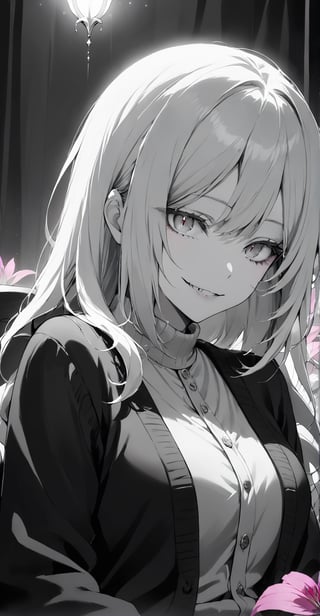 Looking at the audience, masterpiece, soft lighting, long black and white hair, clear black and white hair, cardigan, 1girl, silver eyes, light veil, evil smile, showing small canine teeth, upper body, closed mouth, flowers, female focus, solo focus, sitting on chair, pink lily\(flower\), hand pov, caperton