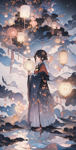 (masterpiece, best quality, highres:1.3), (1girl:1.3), ((solo)), lantern festival, traditional clothings, sky full of lanterns, breathtaking, volumetric light