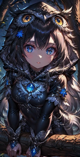 Ultra high resolution, 4K, masterpiece, soft light and shadow, night sky, night, looking into the distance, 1 girl, solo, high detail face, silver high detail shining eyes, black shiny fine fine hair, fair skin , sexy and delicate adventurer costume, detailed owl hood, exquisite maple leaf hair accessories, colorful long hair, charming eyes, exquisite facial features, beautiful appearance, medium chest, perfect slim figure, standing on Hands holding hands on big tree trunk, forest background, depth of field,