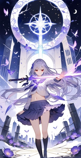 Masterpiece, top quality, beauty, luminous sword, 1girl, girl, solo, holding sword, purple luminous sword, school uniform, student uniform, white hair, flying long hair, exposed navel, purple miniskirt, magic circle, red eyes, Night, moon, ruined city, snow, purple flowers, purple magic butterflies, purple magic feathers, beauty, watercolor \(center\), very detailed