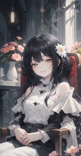Looking at the audience, masterpiece, soft lighting, black hair mixed with white hair, black hair with white highlights, open top, exposed shoulders, 1girl, silver eyes, gauze, evil smile, showing small canine teeth, upper body, Closed mouth, flowers, female focus, solo focus, sitting on chair, \(flower\)