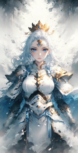 masterpiece, best quality, 8k, photo, master quality, highres, 1girl hairband headdress, blue eyes, beautiful delicate eyes, delicate face, smooth and beautiful hair color, delicate and beautiful sexy white armor, shoulder white armor , cloak, white gloves, white pantyhose, white stockings, sexy posture, magic circle, good figure, medium chest, smile,girl,UNDER_69,liquid clothes,Leoarmor,Chinese_armor,ice